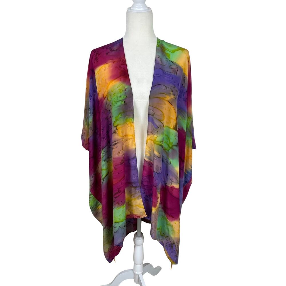 Cocoon House Silk Watercolor Open Front Kimono OS Artsy Art To Wear Vibrant Chic